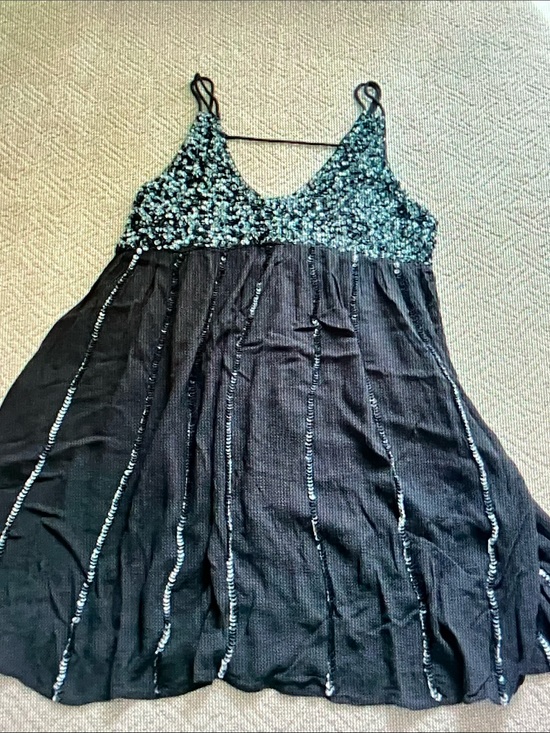 Free People Dresses & Skirts - Free People Black Mini Dress with Teal Sequin Bodice